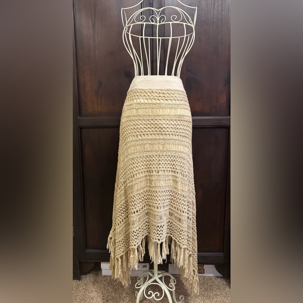 Chico's Crochet Fringe Woven Handkerchief Skirt Chicos Size 1 Cottagecore - Picture 2 of 11